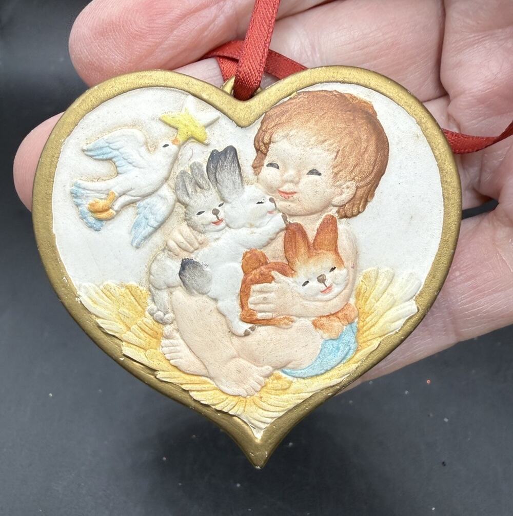 Vintage Anri Love & Peace Heart w/Baby & Dove Christmas Ornament -LO31